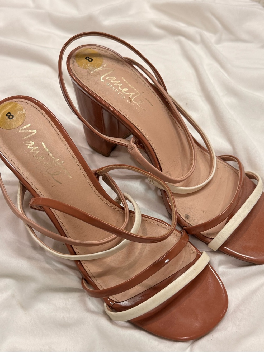 Nannette Brown and Cream Strappy Block Heel Sandals